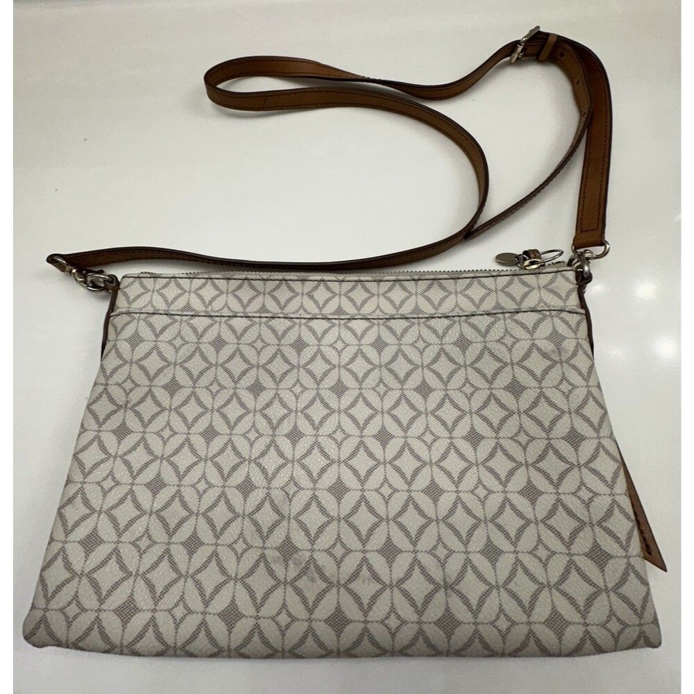 FOSSIL SYDNEY Signature Coated Canvas Crossbody Tan White Purse Bag 10.75” x 7”